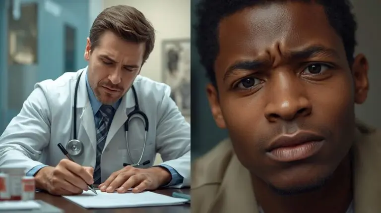 doctor writing a scrip and a teen showing different emotions
