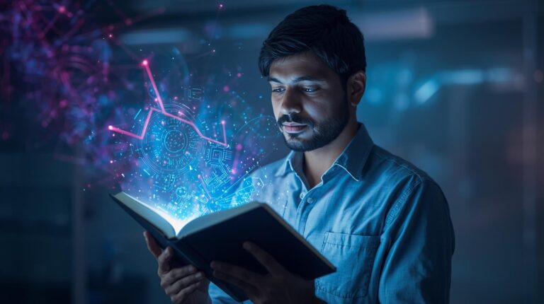 A dynamic image depicting a person with a notebook with innovation, symbolizing the blend of creativity and technology