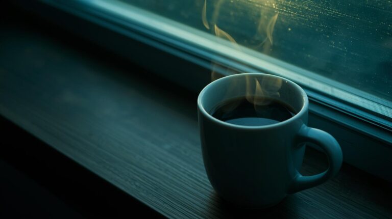 A steaming mug of coffee on a windowsill at dawn with soft teal light illuminating the scene
